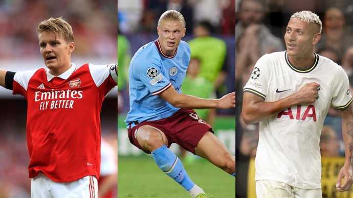 Los futbolistas Martin Odegaard (Arsenal), Erling Haaland (Manchester City) y Richarlison (Tottenham).