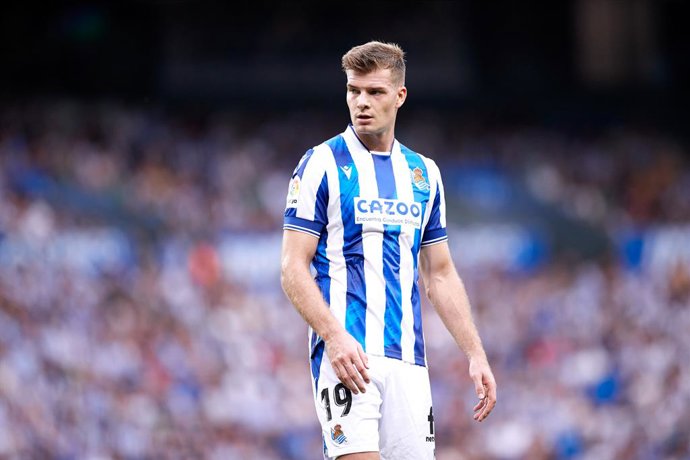 Alexander Sorloth of Real Sociedad looks on during the La Liga Santander football match between Real Sociedad and Atletico de Madrid at Reale Arena on September 3, 2022, in San Sebastian, Spain.