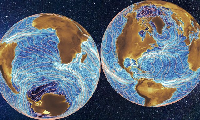 Esta ilustración muestra las corrientes oceánicas a partir de datos satelitales superpuestos con corrientes de circulación a gran escala (líneas doradas) que se pueden extraer con una técnica de grano grueso desarrollada en el laboratorio de Aluie