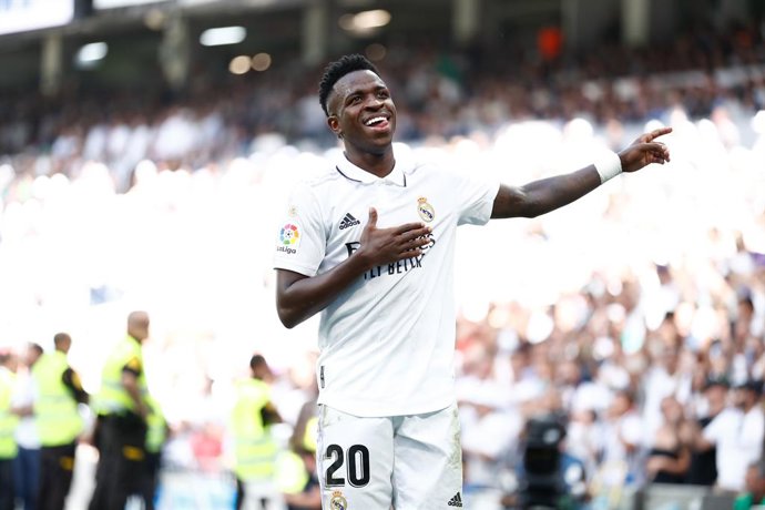 Vinicius Junior of Real Madrid celebrates a goal during the Spanish League, La Liga Santander, football match played between Real Madrid and RCD Mallorca at Santiago Bernabeu stadium on September 11, 2022 in Madrid, Spain.