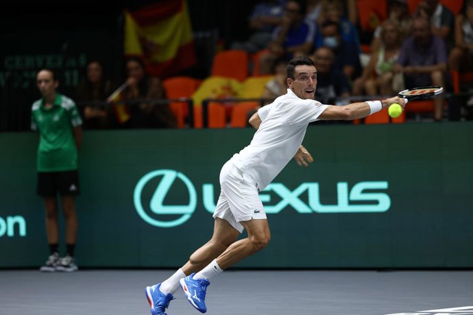 Roberto Bautista Agut of Spain in action against Vasek Pospisil of Canada during the Davis Cup by Rakuten 2022, Finals Group B, tennis match 1 played between Spain and Canada at Fuente de San Luis pavilion on September 16, 2022, in Valencia, Spain.