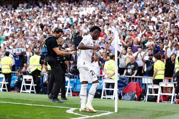 Vinicius Junior of Real Madrid celebrates a goal during the Spanish League, La Liga Santander, football match played between Real Madrid and RCD Mallorca at Santiago Bernabeu stadium on September 11, 2022 in Madrid, Spain.