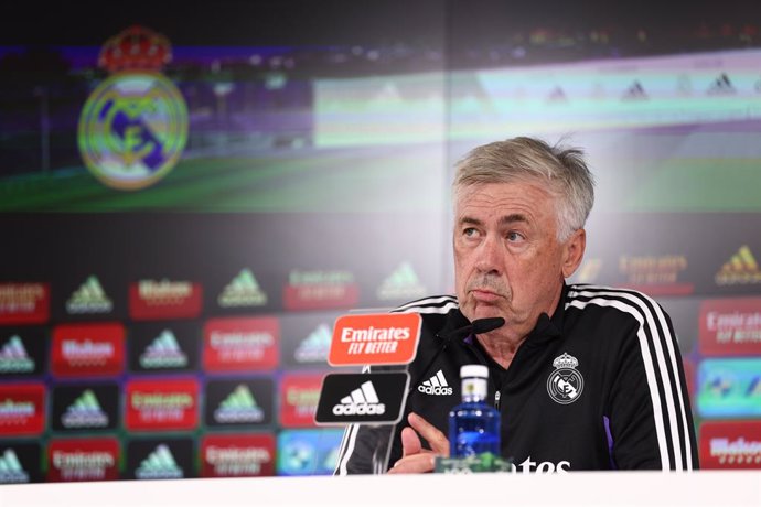 Carlo Ancelotti, head coach of Real Madrid, attends his press conference after the training session of Real Madrid at Ciudad Deportiva Real Madrid on August 27, 2022 in Valdebebas, Madrid, Spain.
