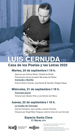 Cartel de las jornadas del ICAS en memoria del poeta sevillano Luis Cernuda en la Casa de los Poetas y las Letras.