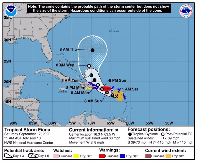 Proyección de la trayectoria de la tormenta tropical 'Fiona' en el mar Caribe