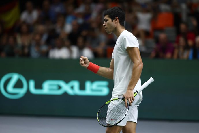 Carlos Alcaraz of Spain in action against Felix Auger-Aliassime of Canada during the Davis Cup by Rakuten 2022, Finals Group B, tennis match 2 played between Spain and Canada at Fuente de San Luis pavilion on September 16, 2022, in Valencia, Spain.