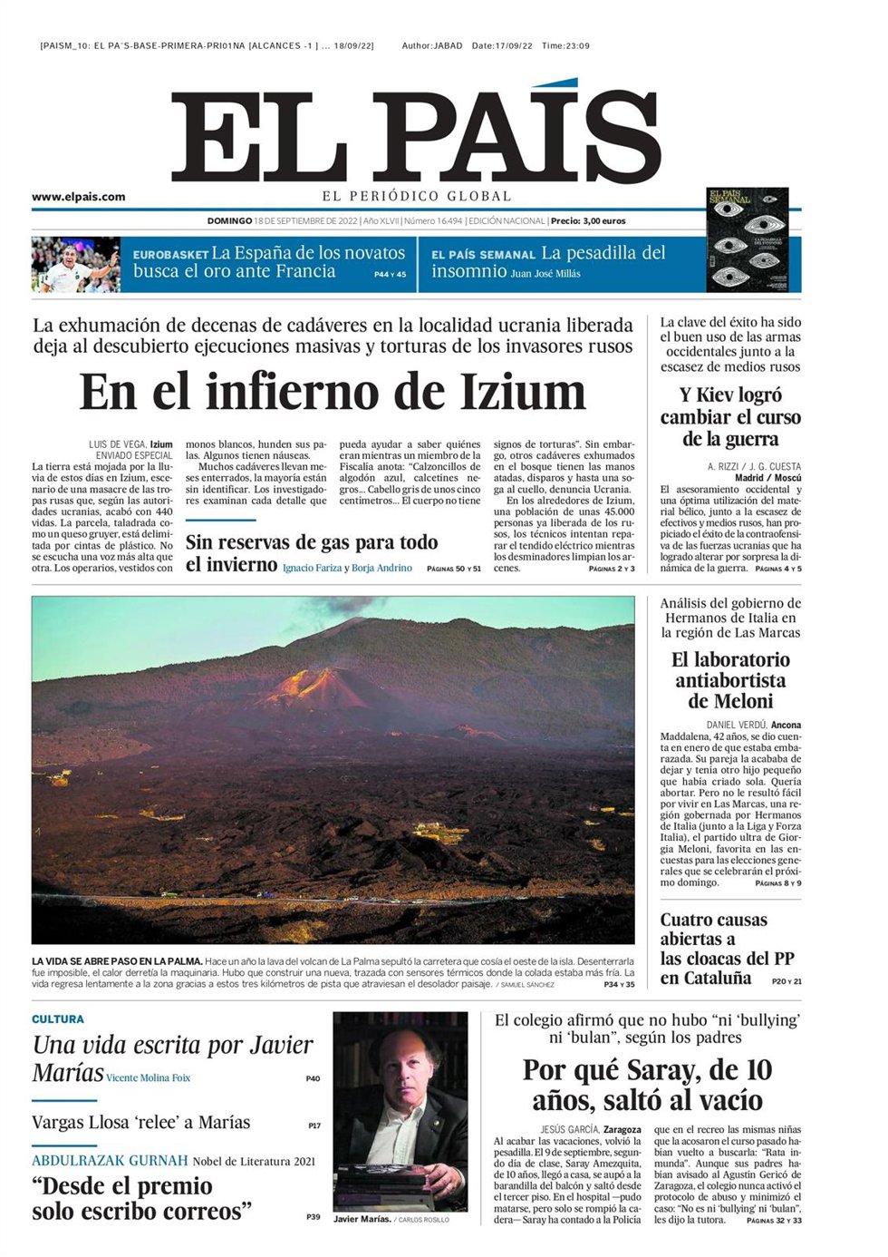 Portada del diario 'El País', a 18 de septiembre de 2022.