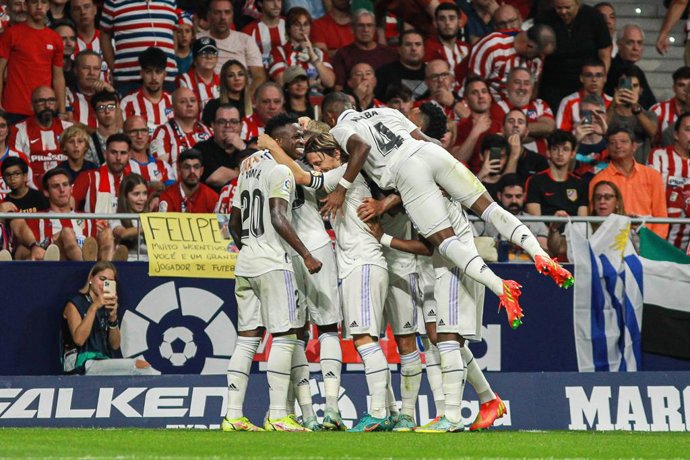 Federico Valverde of Real Madrid celebrates a goal during La Liga football match played between Atletico de Madrid and Real Madrid at Civitas Metropolitano on September 18, 2022 in Madrid, Spain.