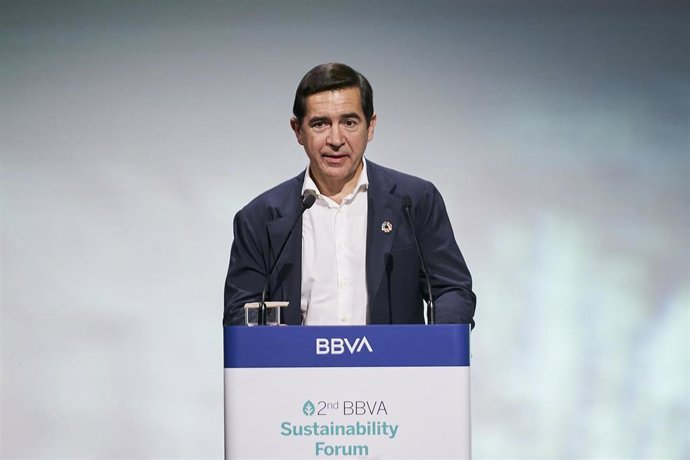El presidente del BBVA, Carlos Torres Vila, interviene en la II edición del BBVA Sustainability Forum, en la Ciudad BBVA, a 15 de septiembre de 2022, en Madrid (España).