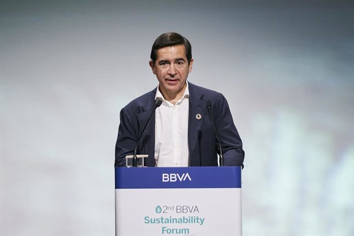 El presidente del BBVA, Carlos Torres Vila, interviene en la II edición del BBVA Sustainability Forum, en la Ciudad BBVA, a 15 de septiembre de 2022, en Madrid (España).