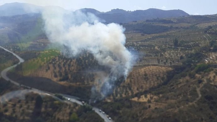 Incendio de un coche en Pinos Genil, que afecta a un paraje colindante