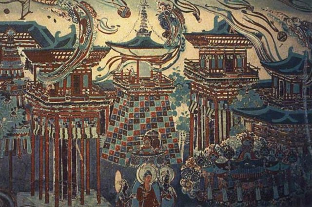 Arquitectura del estilo de la dinastía T'ang, de un fresco de las Gritas de Mogao que describe la tierra budista