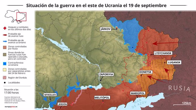 Mapa con la situación de la guerra en el este de Ucrania el 19 de septiembre (Estado a las 17:00 horas). El presidente de Ucrania, Volodimir Zelenski, ha firmado este lunes un decreto para crear administraciones militares en distintas localidades de la 