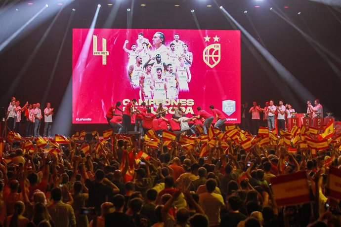 Players of Spain during the celebration the day after winning the EuroBasket at WiZink Center on September 19, 2022 in Madrid, Spain.
