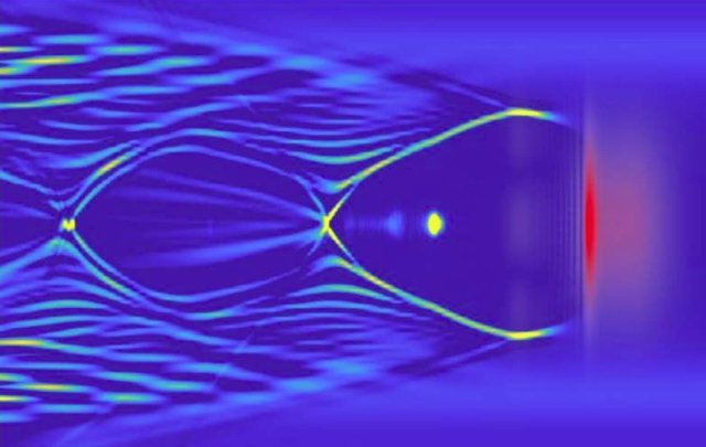 Una imagen de una simulación en la que un pulso láser (rojo) impulsa una onda de plasma, acelerando los electrones a su paso.