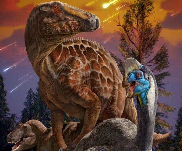 Representación artística de oviraptorosaurios, hadrosaurios y tiranosaurios del Cretácico superior que vivían en el centro