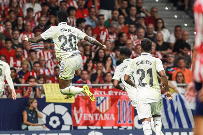 Vinicius Junior celebrates a goal scored by Federico Valverde of Real Madrid during La Liga football match played between Atletico de Madrid and Real Madrid at Civitas Metropolitano on September 18, 2022 in Madrid, Spain.