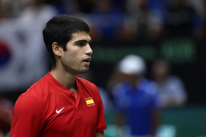 Carlos Alcaraz of Spain in action against Soonwoo Kwon of Korea during the Davis Cup by Rakuten 2022, Finals Group B, tennis match 2 played between Spain and Korea at Fuente de San Luis pavilion on September 18, 2022, in Valencia, Spain.