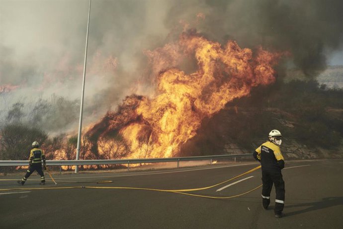 Bomberos trabajando en la extinción de un incendio declarado en el monte Ezkaba, cerca de Pamplona.