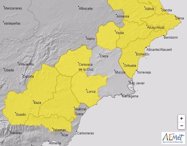 Imagen de las zonas con aviso amarillo activo este jueves