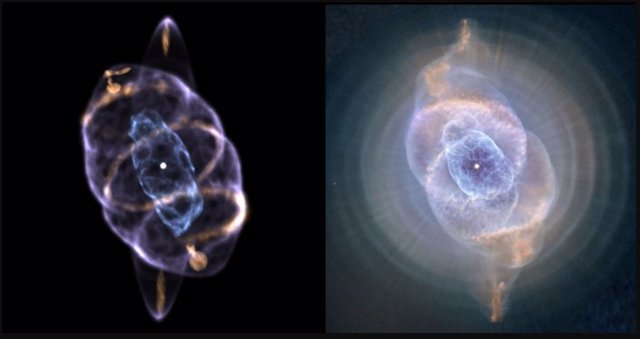 Una Comparación Lado A Lado Del Modelo Tridimensional De La Nebulosa Ojo De Gato Creada Por Clairmont Y La Nebulosa Ojo De Gato Fotografiada Por El Telescopio Espacial Hubble.