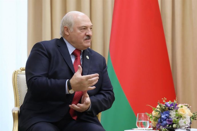 16 September 2022, Uzbekistan, Samarkand: President of Belarus Alexander Lukashenko meets with Iranian President Ebrahim Raisi (Not Pictured)at the Forumlar Majmuasi Complex, on the sidelines of the Shanghai Cooperation Organisation (SCO) summit. Photo