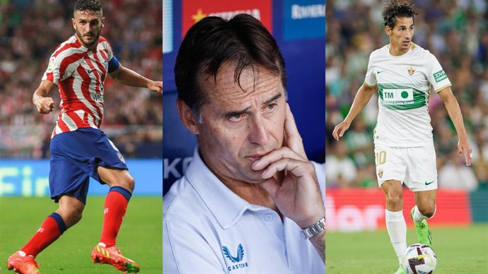 El jugador del Atlético de Madrid, Koke Resurreción, el entrenador del Sevilla, Julen Lopetegui, y el futbolista del Elche, Pere Milla.