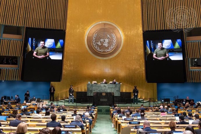 El presidente de Ucrania, Volodimir Zelenski, hablando por teleconferencia en la 77 Asamblea General de la ONU.