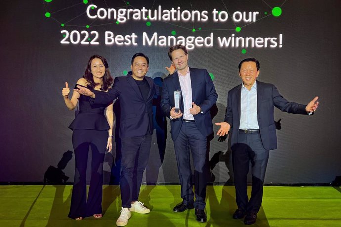From left to right, Sabrina Chong, Alwyn Chong, Dr Wolfgang Baier, and Patrick Chong celebrates LUXASIAs second win of Deloittes Best Managed Companies Singapore Award