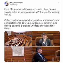 Pantallazo del tuit de Paco Vázquez en el que de disculpa por su expresión al suspender el Pleno
