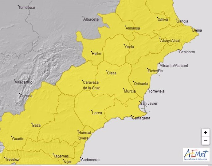 La Aemet amplía el aviso amarillo por tormentas para este jueves a toda la Región de Murcia