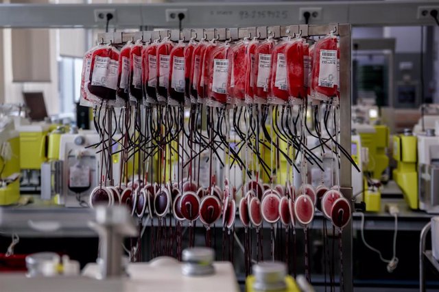 Archivo - Bolsas de sangre en el laboratorio del centro de Transfusión de Valdebernardo, en Madrid (España). 