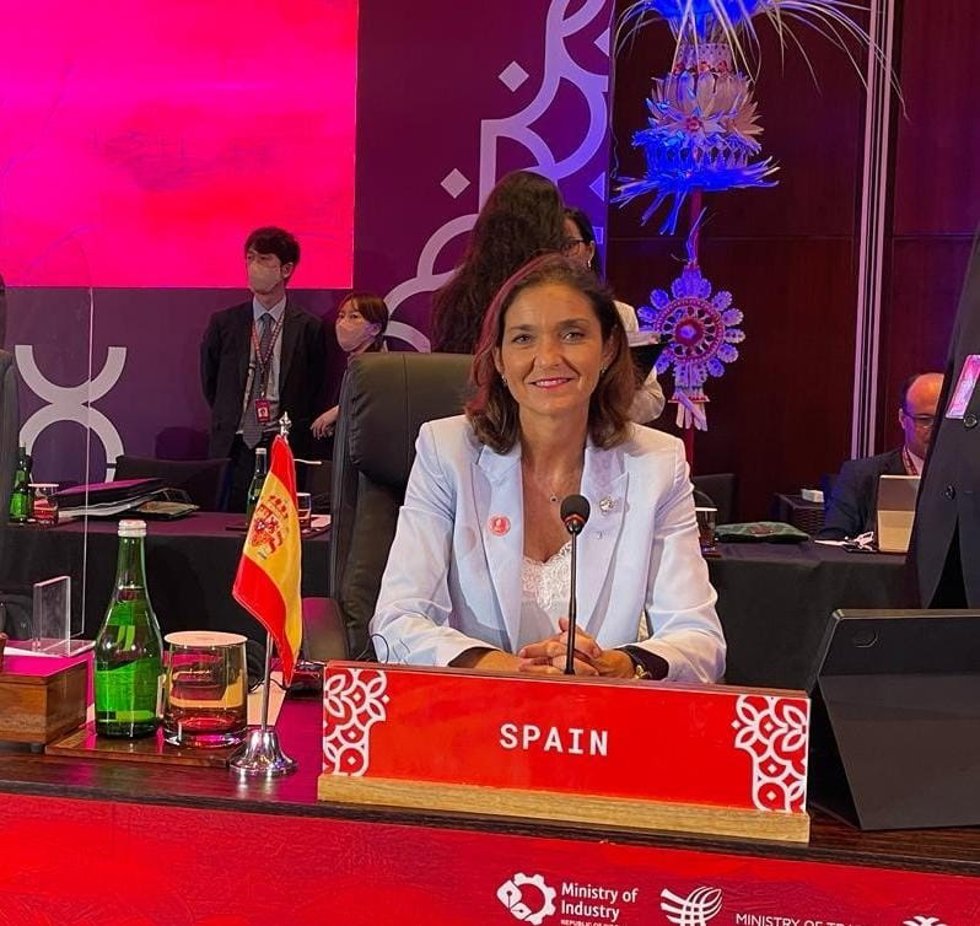 La ministra de Industria, Comercio y Turismo, Reyes Maroto, en la sesión ministerial de Comercio del G20