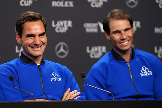 22 September 2022, United Kingdom, London: Swiss tennis player Roger Federer (L) and Spanish tennis player Rafael Nadal of Team Europe attend a press conference on the second preview day ahead of the 2022 Laver Cup tennis tournament at the 02 Arena Phot