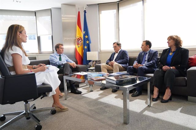 El líder del PP, Alberto Núñez Feijóo, y la vicesecretaria de Políticas Sociales, Carmen Navarro, se reúnen con la Federación Española de Familias Numerosas. En Madrid, a 22 de septiembre de 2022.