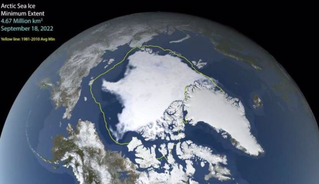 Extensión mínima del hielo ártico en 2022 con la línea correspondiente a la extensión mínima entre 1981 y 2010