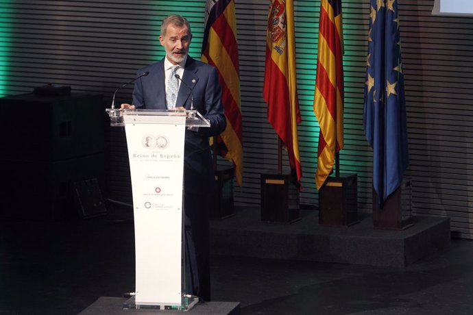 El Rey Felipe VI interviene durante el acto de entrega del VII Premio Reino de España a la Trayectoria Empresarial, en el Palacio de Congresos de Palma, a 22 de septiembre de 2022, en Palma de Mallorca, Mallorca, Baleares (España). El Premio Reino de Es
