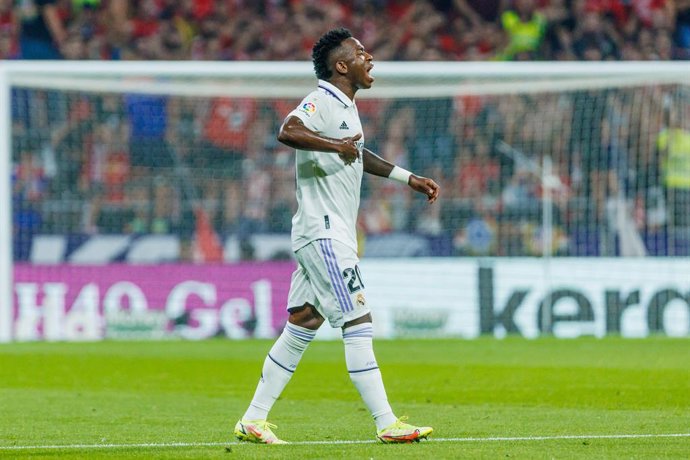 18 September 2022, Spain, Madrid: Real Madrid's Vinicius Junior celebrates his side's goal during the Spanish La Liga soccer match between Atletico Madrid and Real Madrid at Wanda Metropolitano Stadium. Photo: Pablo Garcia/DAX via ZUMA Press Wire/dpa