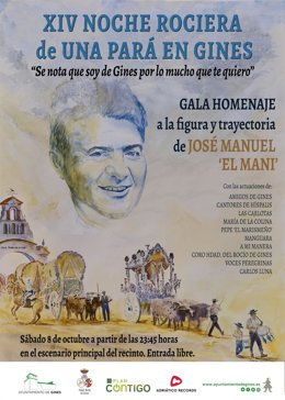 Cartel de la Noche Rociera de 'Una Pará en Gines' en homenaje al fallecido 'El Mani'.