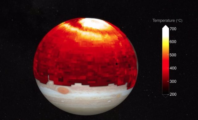 Una vista panorámica de las temperaturas atmosféricas superiores de Júpiter, 1.000 kilómetros por encima de las nubes