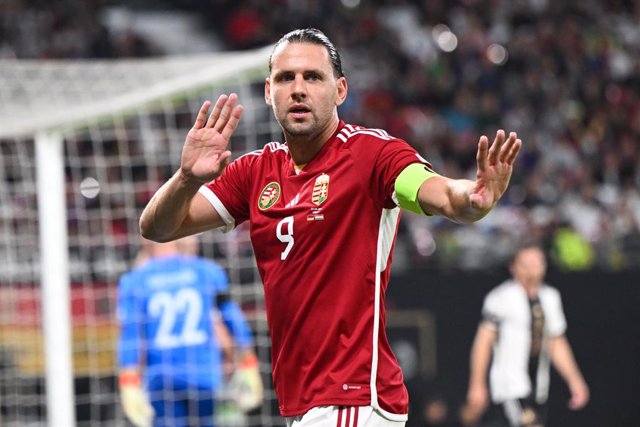 23 September 2022, Saxony, Leipzig: Hungary's Adam Szalai celebrates scoring his side's first goal during the UEFA Nations League group c soccer match between Germany and Hungary at Red Bull Arena. Photo: Federico Gambarini/dpa