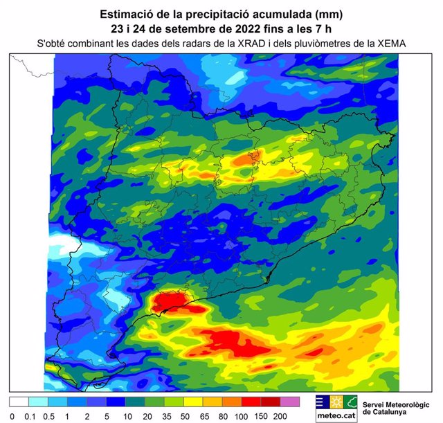 Mapa de pluja acumulada entre el 23 i 24 de setembre a les 7 hores