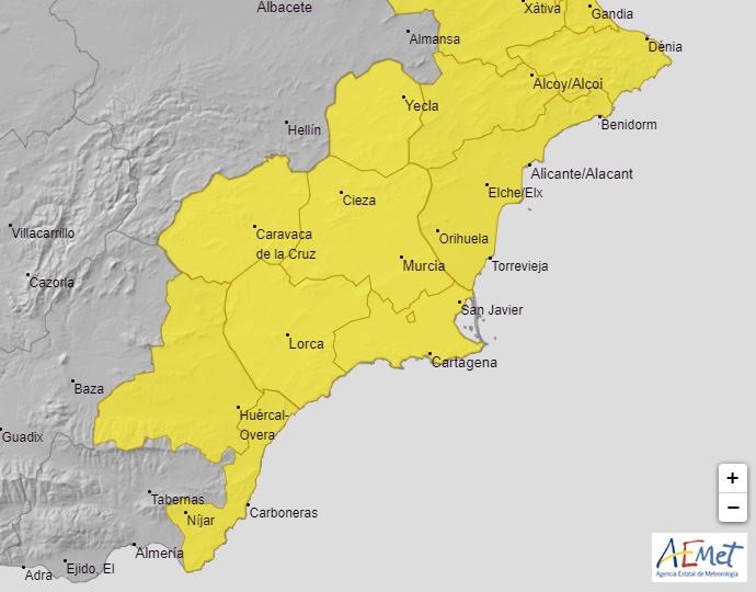 Imagen del mapa con los riesgos activos este lunes