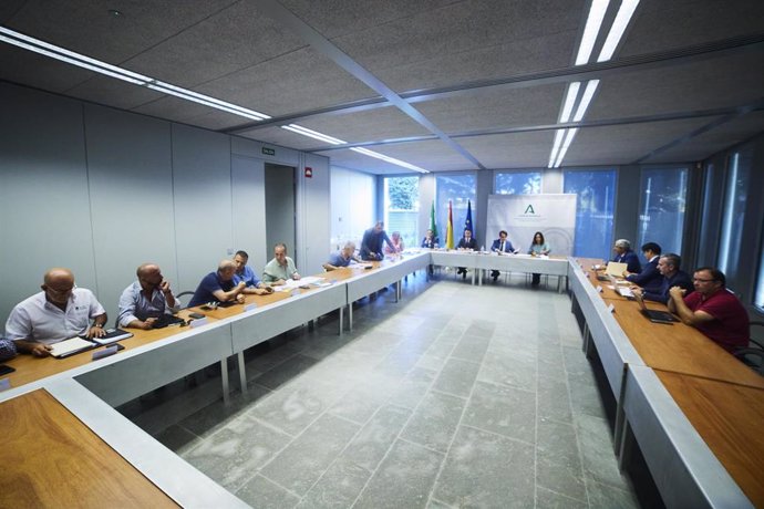 Detalle de la mesa de la reunión del Consejo Andaluz del Taxi en la Consejería de Fomento. En la parte de la izquierda esta el sector del taxi y a la derecha, el sector de VTC