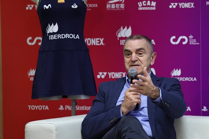 Archivo - Jose Manuel Franco, President of CSD, attends during the press conference to announce the return to competition of Carolina Marin before the European Badminton Championships in Madrid celebrated at Consejo Superior de Deportes CSD building on 