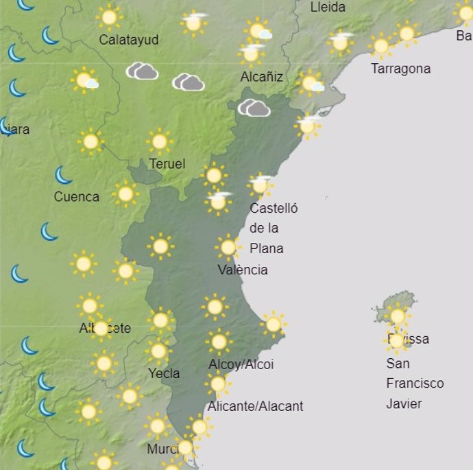Imagen de la predicción meteorológica de la Aemet para este martes en la Comunitat Valenciana.