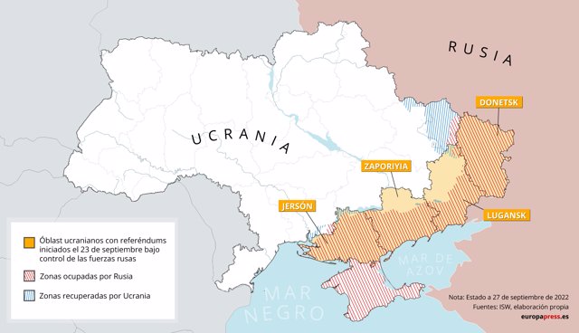 Mapa que muestra los óblast ucranianos con referéndums iniciados el 23 de septiembre bajo control de las fuerzas rusas