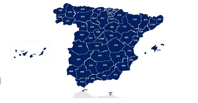 Mapa con la estimación del número inicial mínimo de familias a alcanzar por provincia con el plan 'Cruz Roja Reacciona'.