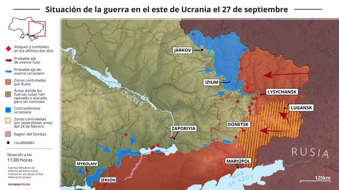 Mapa con la situación de la guerra en el este de Ucrania el 27 de septiembre (Estado a las 11:00 horas). Los servicios de Inteligencia de Reino Unido consideran que hay "una posibilidad realista" de que el presidente de Rusia, Vladimir Putin, anuncie el