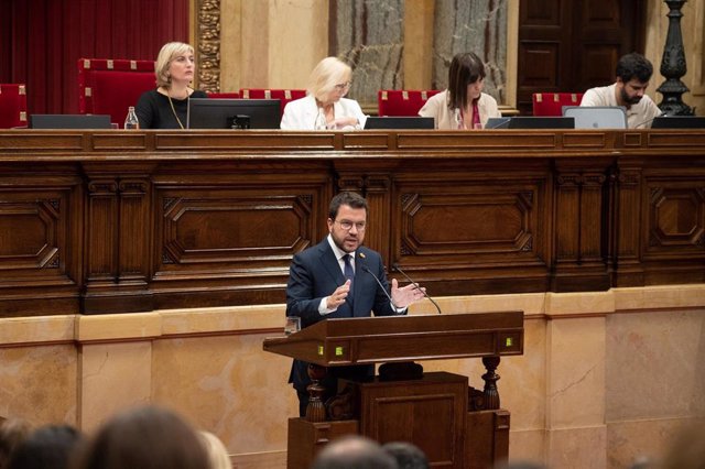 El presidente de la Generalitat, Pere Aragonès, en su intervención en el Debate de Política General en el Parlament.